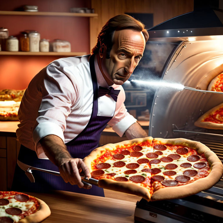 Person in shirt and apron baking pepperoni pizza in kitchen setting