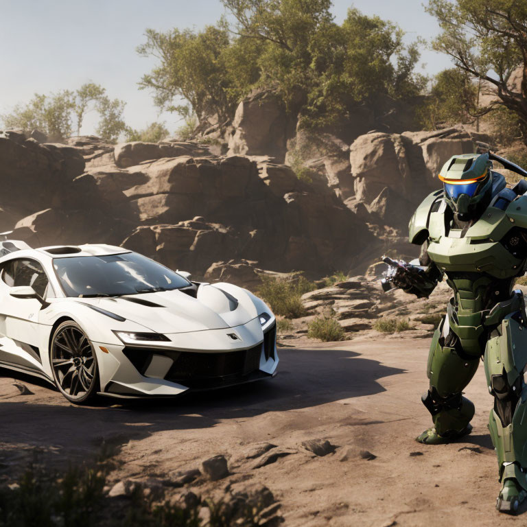 Futuristic armored soldier with white sports car in desert landscape