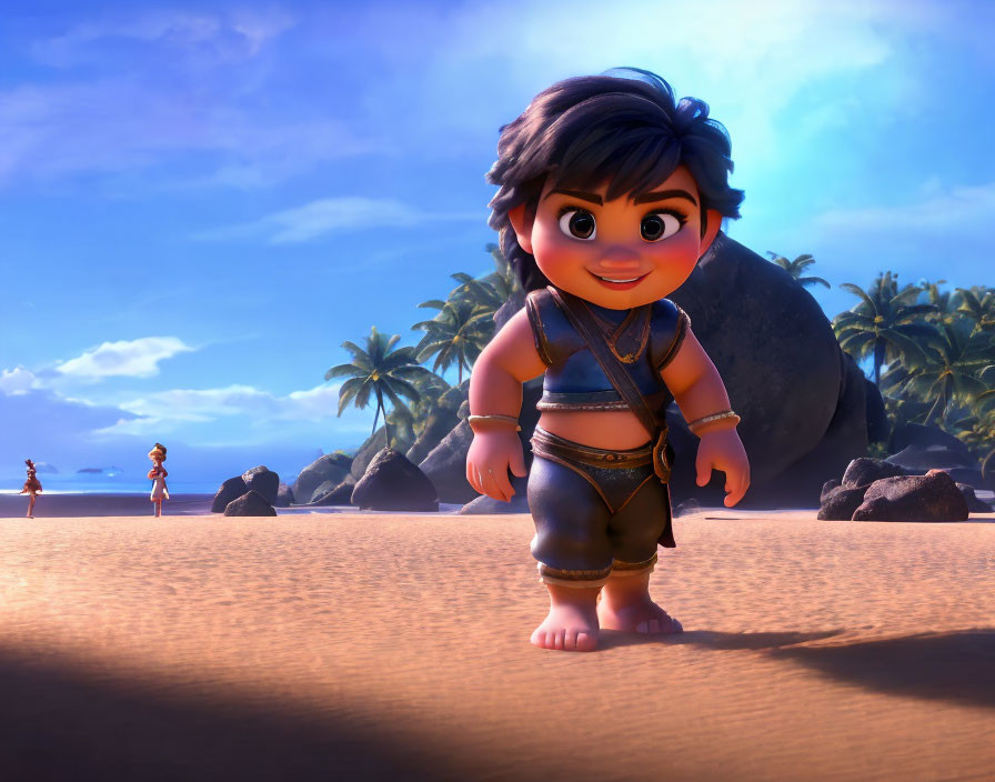 Animated toddler in island attire on sandy beach