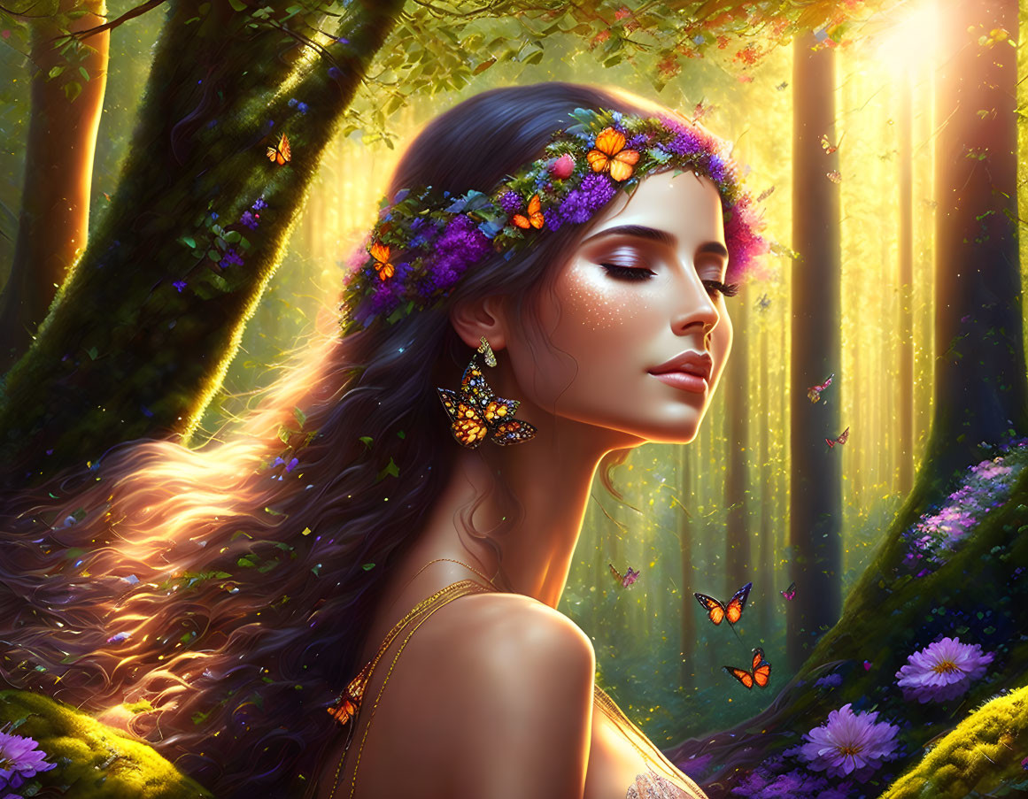 Woman with Flower Crown in Sunlit Forest with Butterflies