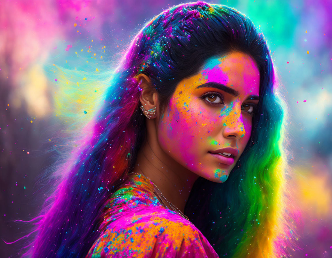 Colorful woman with Holi powder on face and hair in vibrant bokeh background