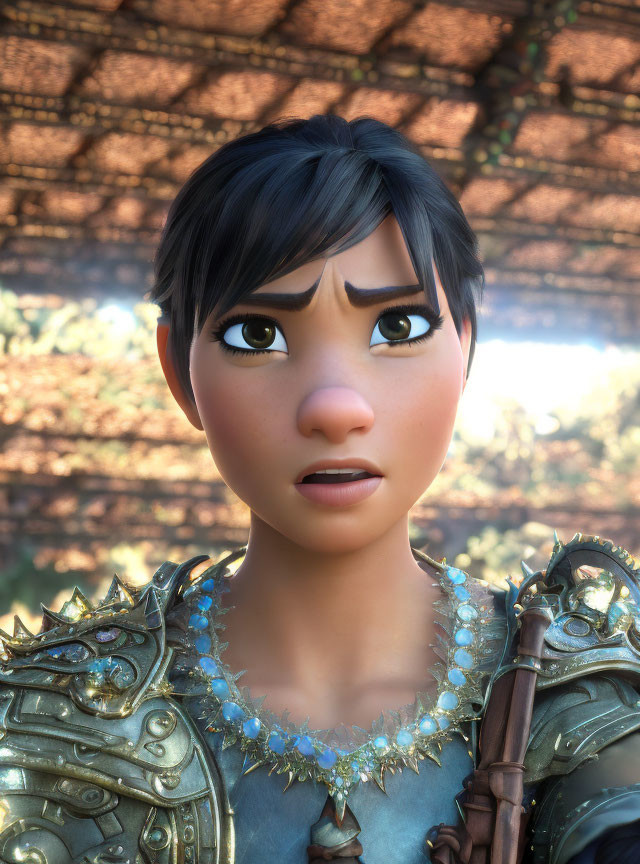 Dark-haired 3D animated female in ornate armor under dappled light