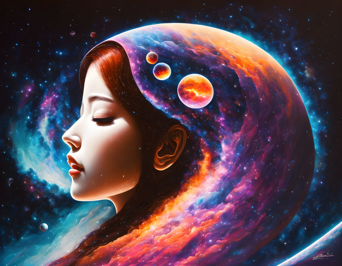 Digital Artwork: Woman's Profile with Cosmic Background