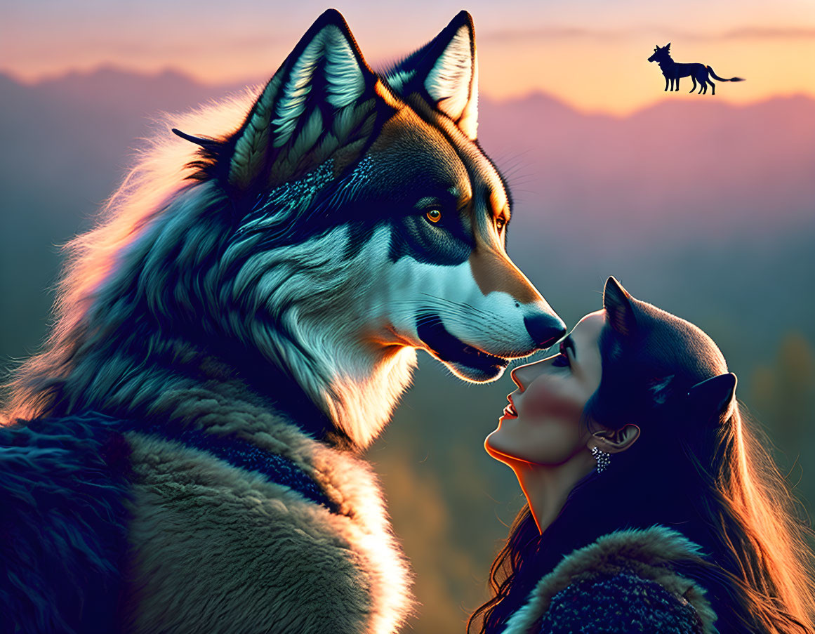 Woman and large wolf gaze with howling wolf silhouette in twilight sky