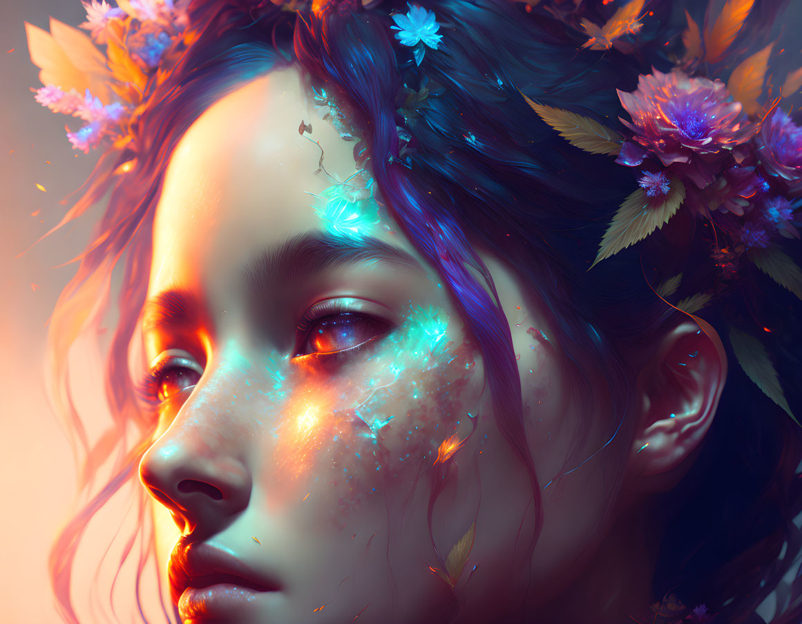 Digital artwork: Woman with celestial skin, vibrant flowers, and magical lights.