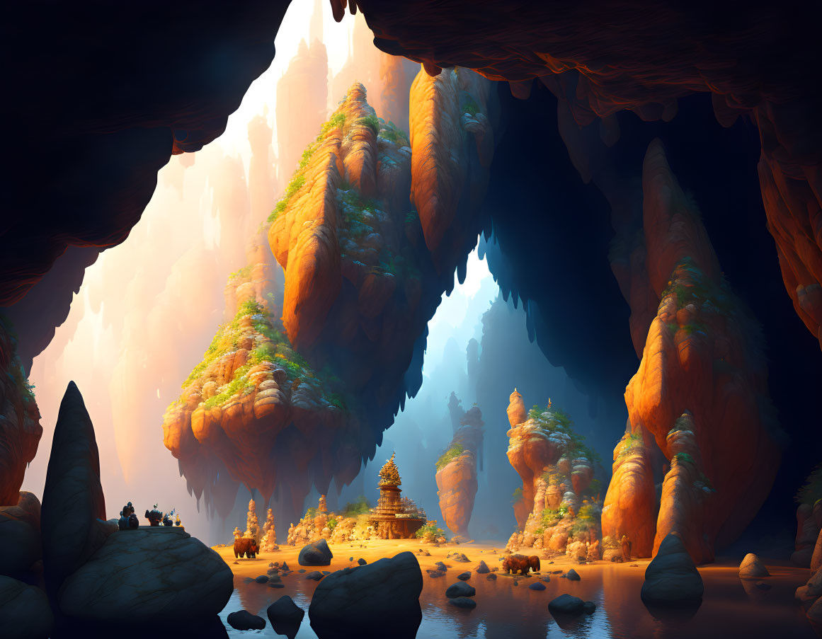 Majestic cave opening with mystical temple in sunlight