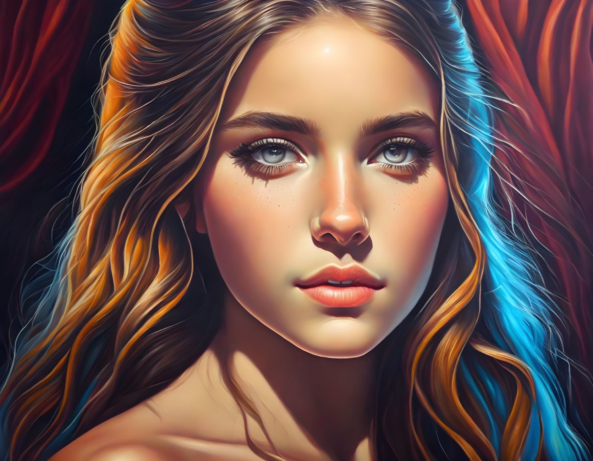 Colorful digital portrait of young woman with blue eyes and multicolored hair.