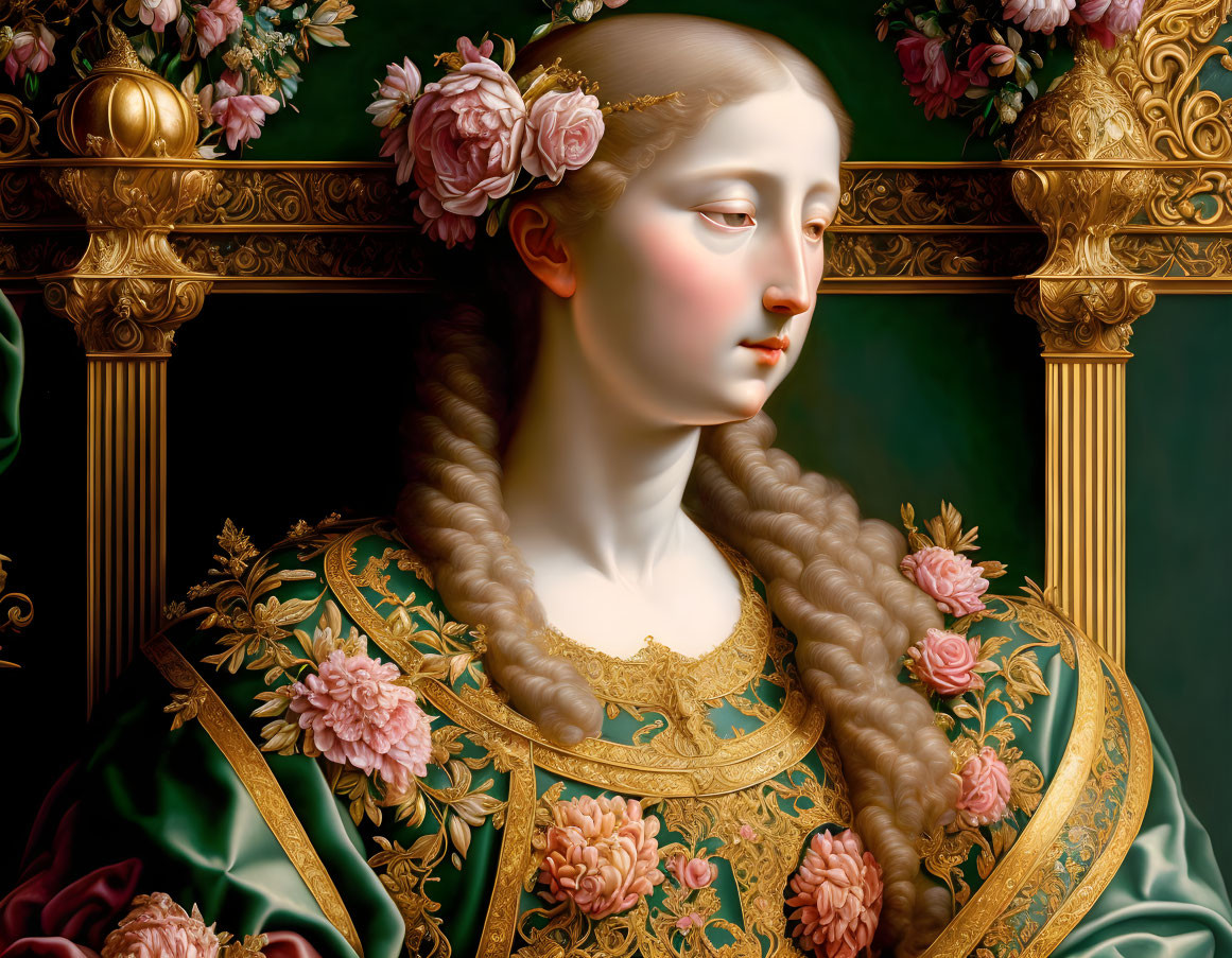 Portrait of Woman with Braided Hair and Rose Adornments in Green and Gold Dress