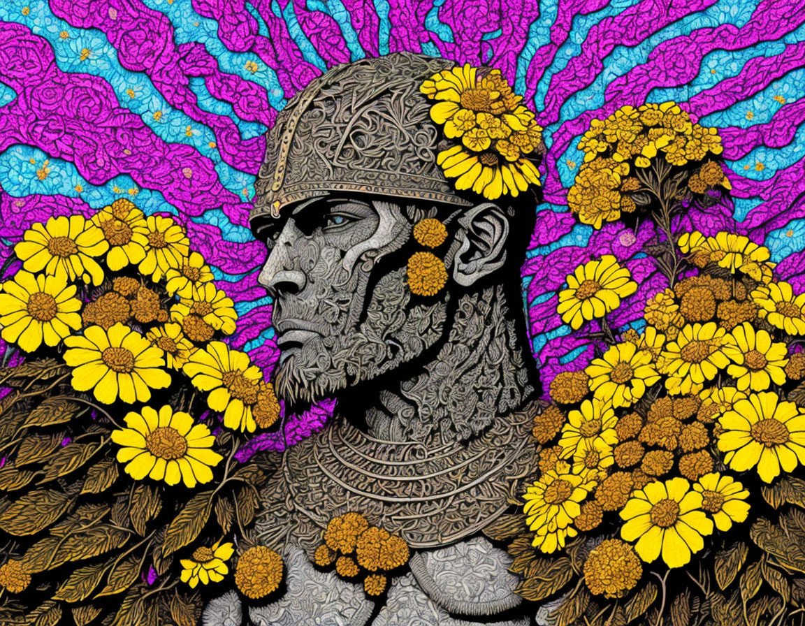 Male figure with tattoos among yellow flowers and colorful coral background