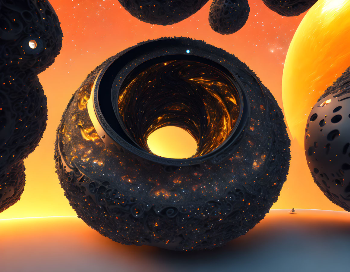 Surreal Landscape: Giant Floating Tires in Orange Sky