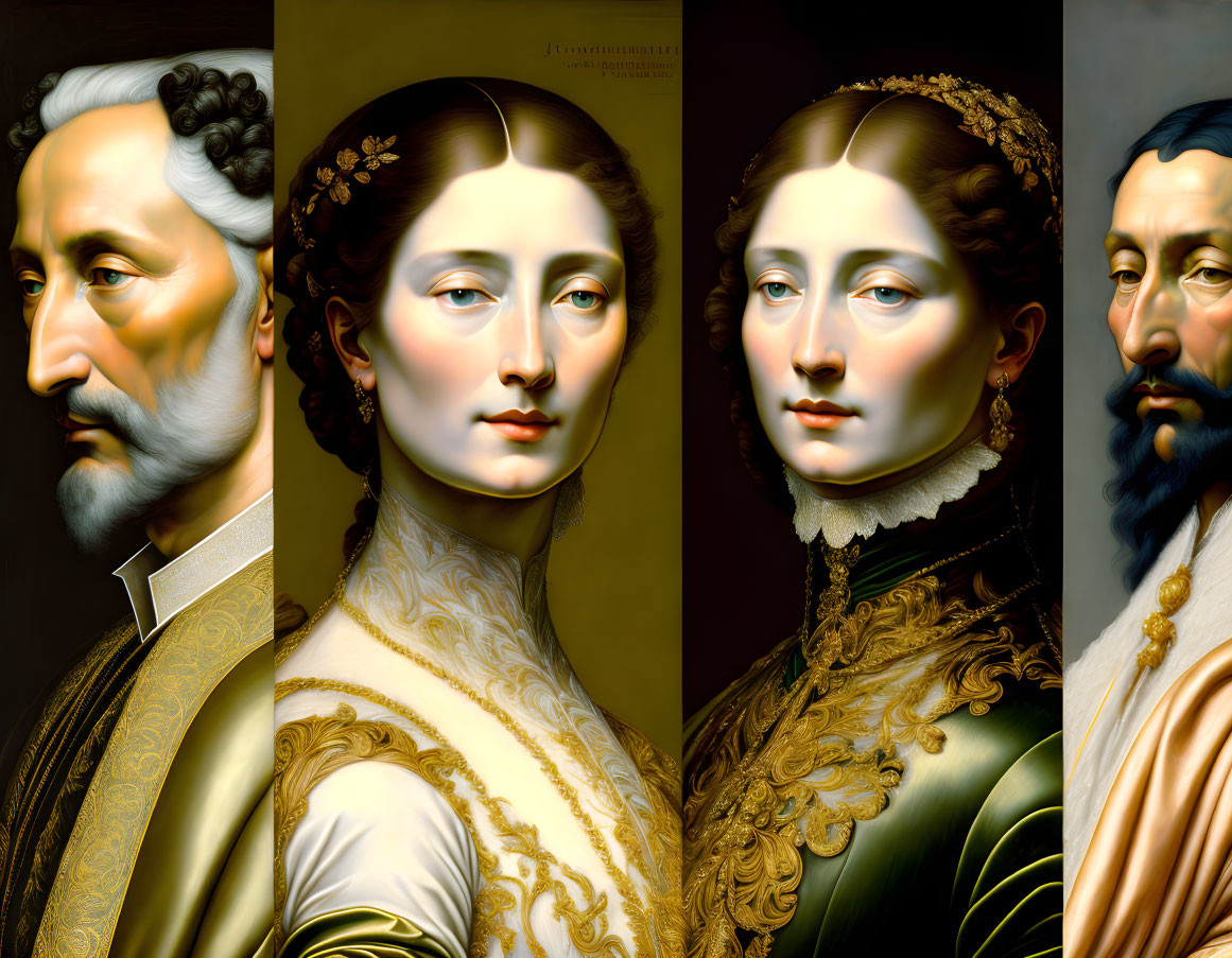 Hyper-realistic digital portraits of individuals in Renaissance-style attire and hairstyles.