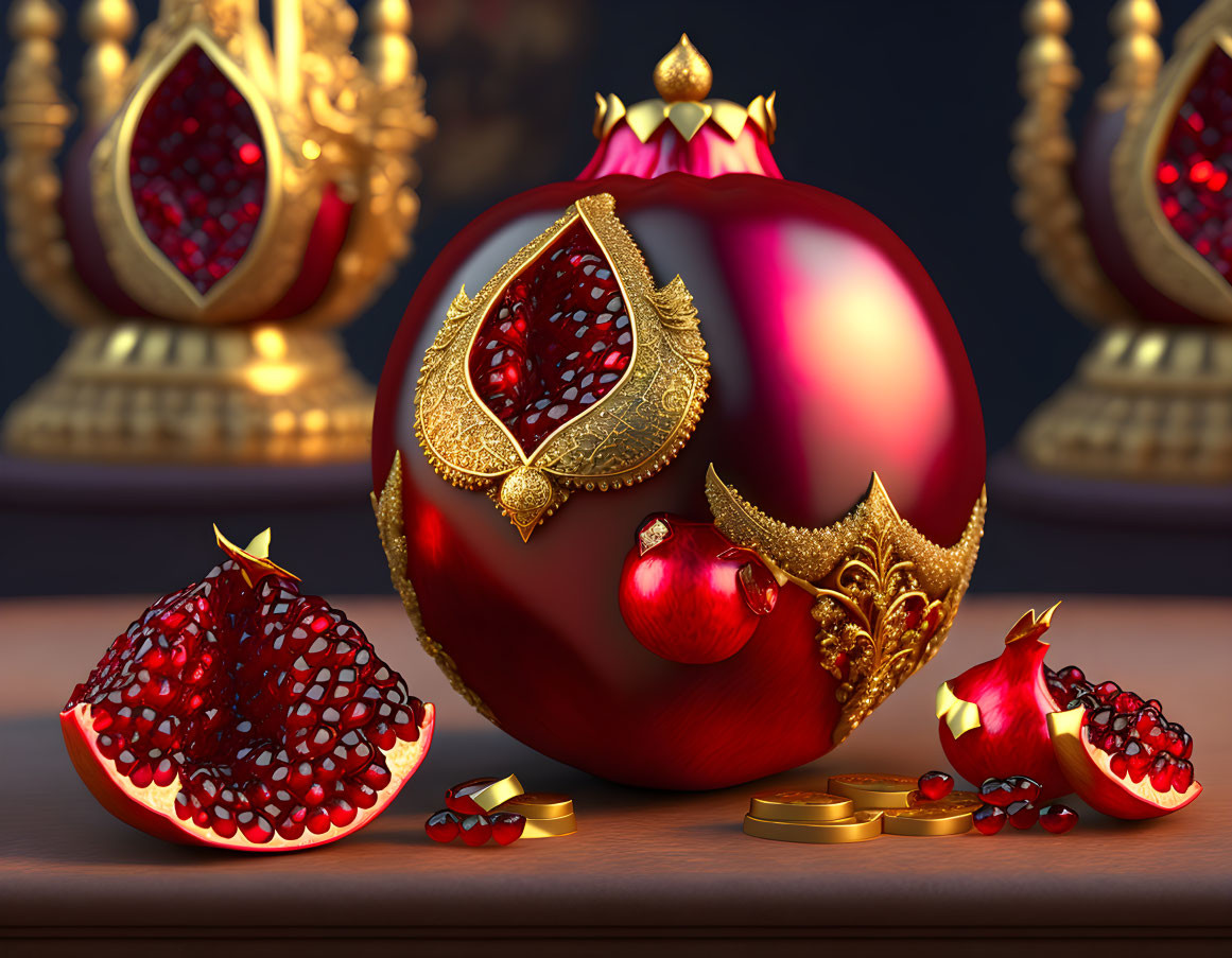 Luxurious golden-trimmed ruby-red pomegranate with crown and ornate mirrors.