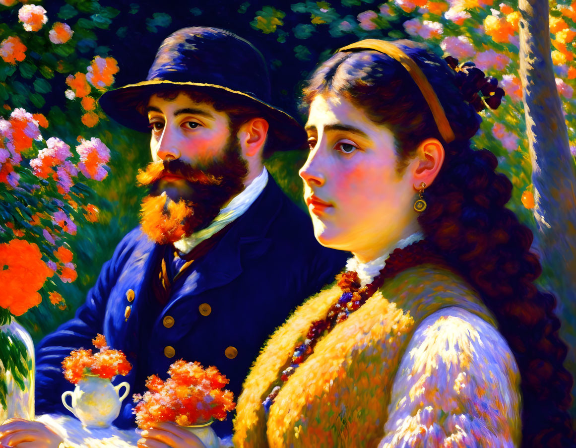 Colorful Impressionist Painting of Bearded Man and Woman with Flowers