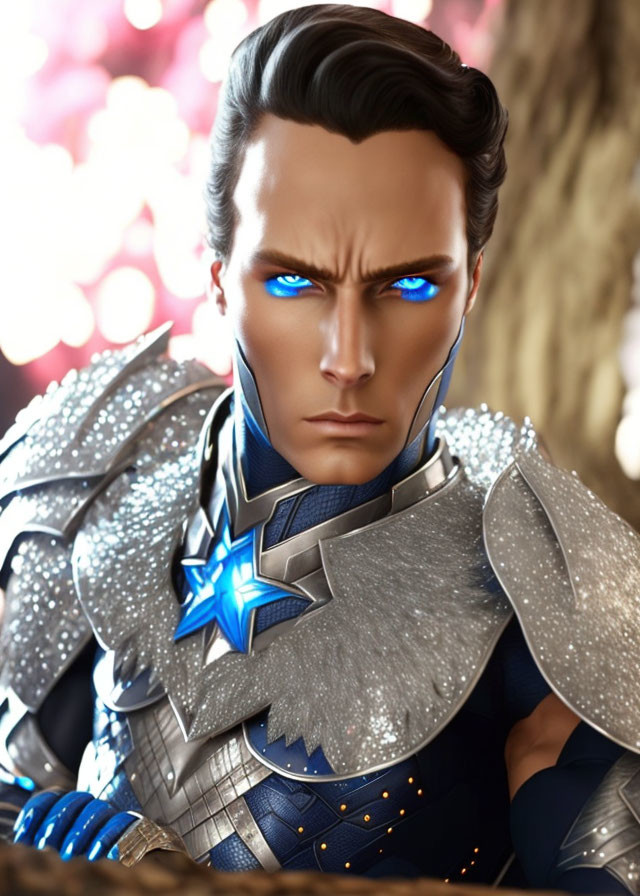 Male figure in silver armor with glowing blue eyes against pink background