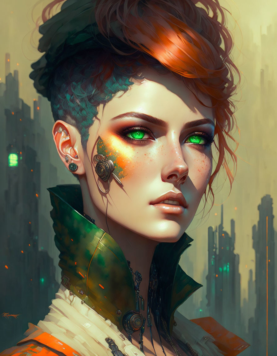 Digital art: Woman with green eyes, orange hair, cybernetic ear, futuristic cityscape