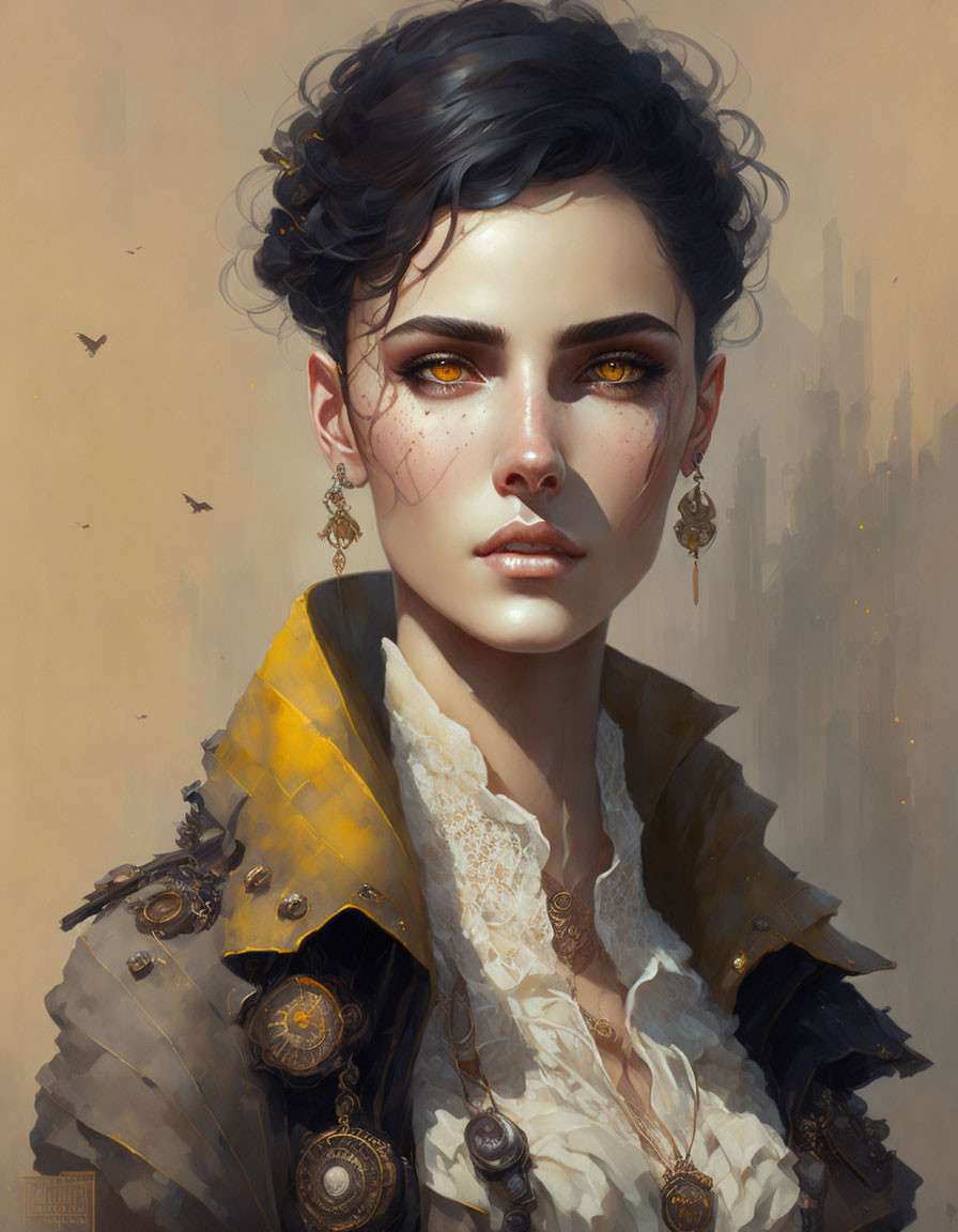 Portrait of a person with amber eyes, dark hair, elegant earrings, detailed collar, and golden cape