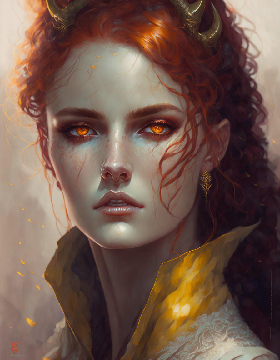 Digital portrait: Woman with fiery orange eyes, red curly hair, golden horn-like headpieces, yellow