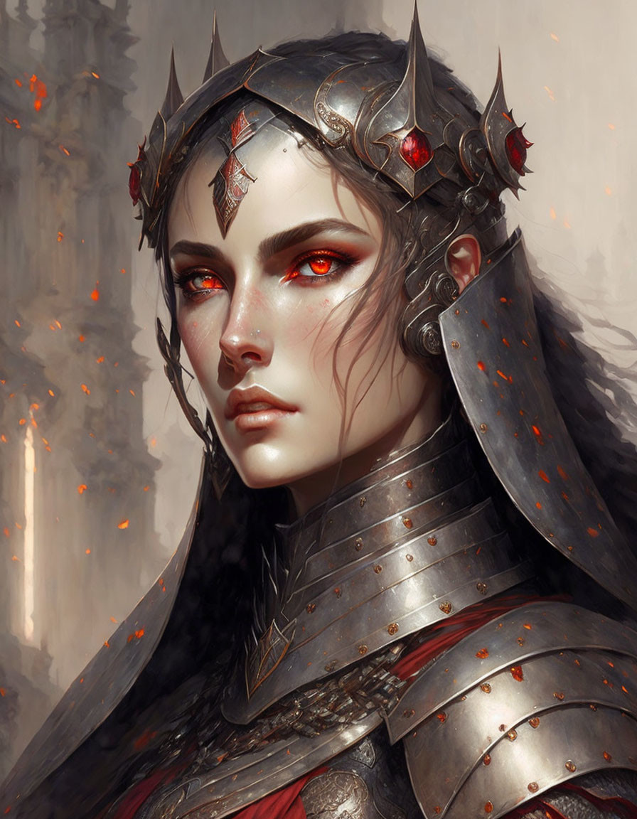 Digital Artwork: Woman in Ornate Armor with Red Eyes and Crown-like Helmet