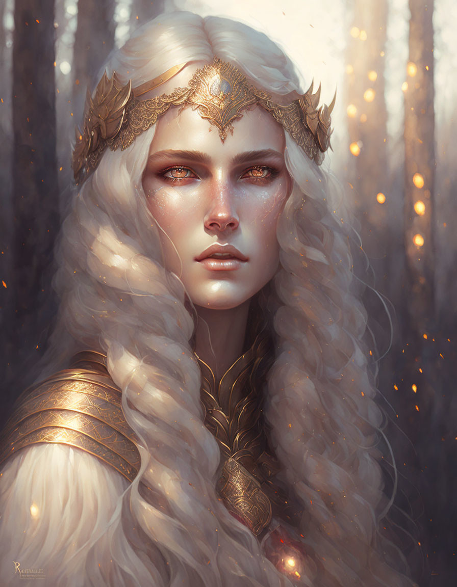 Fantasy woman portrait with white hair, crown, armor in misty forest.