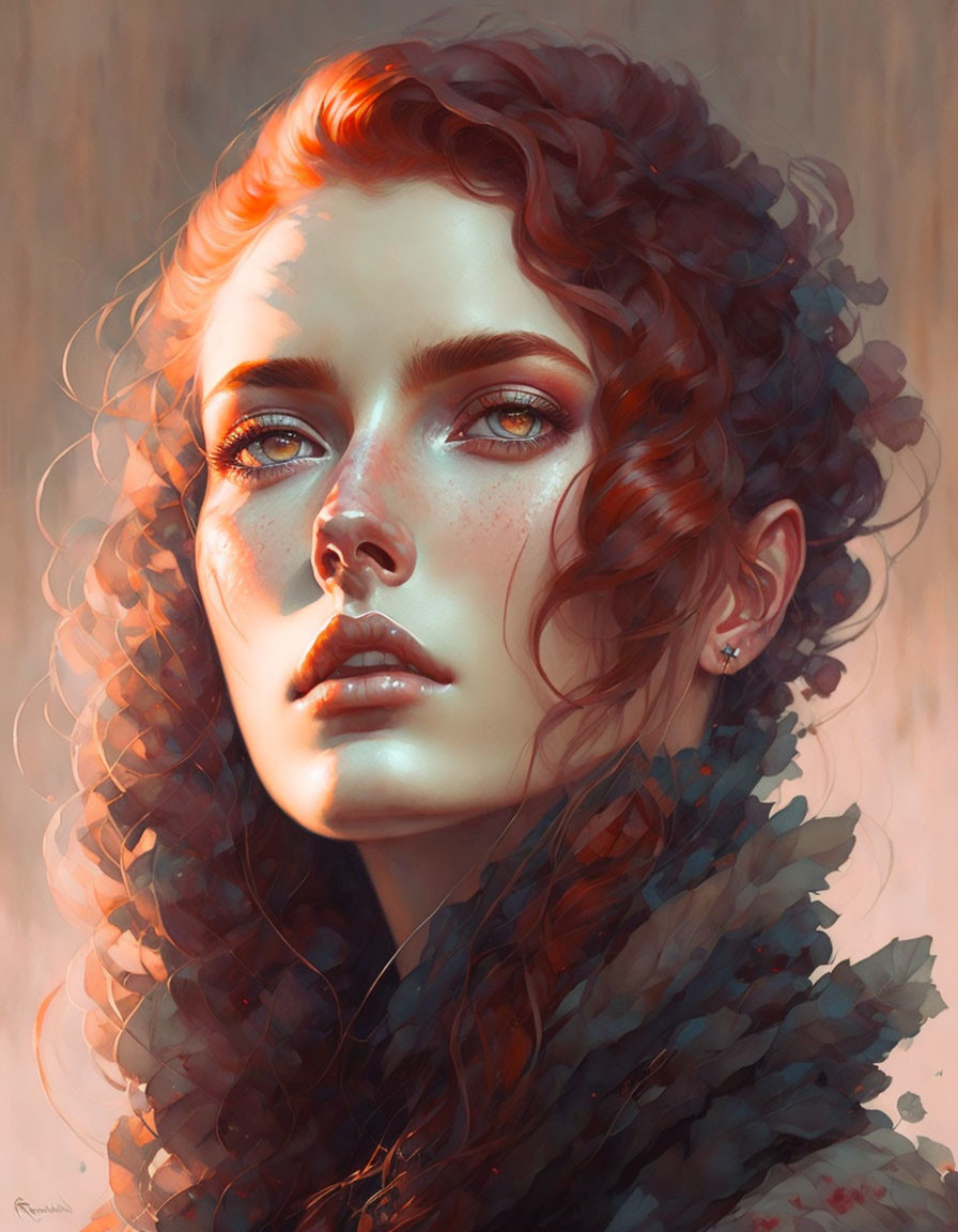 Portrait of Woman: Red Curly Hair, Green Eyes, Freckles