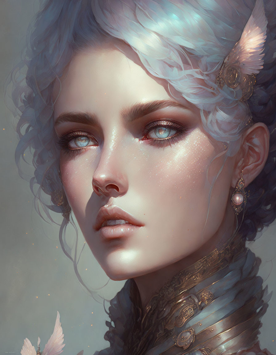 Fantasy character digital painting with pale blue skin and butterfly companions