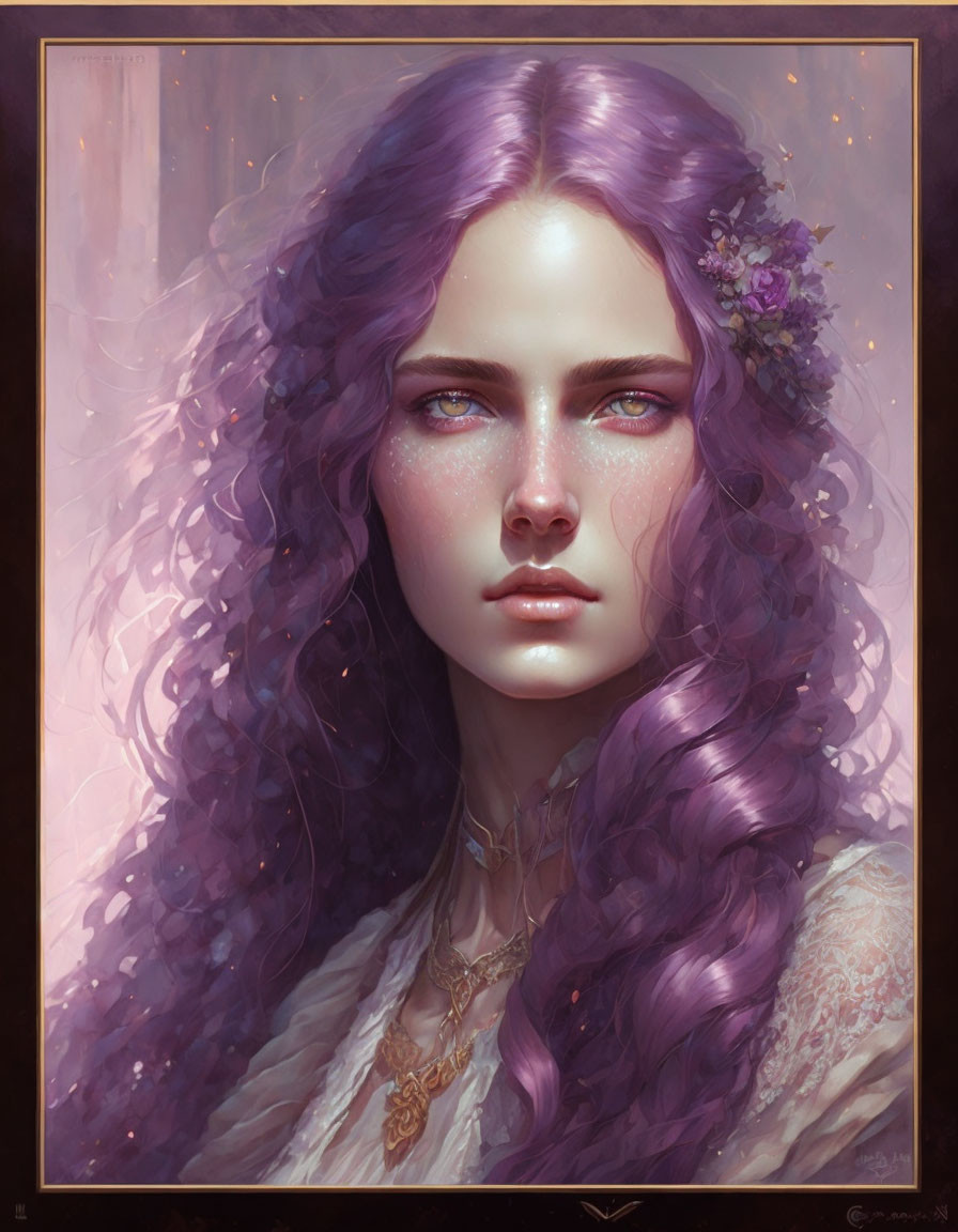 Woman with Violet Curly Hair and Blue Eyes Adorned with Floral Decorations