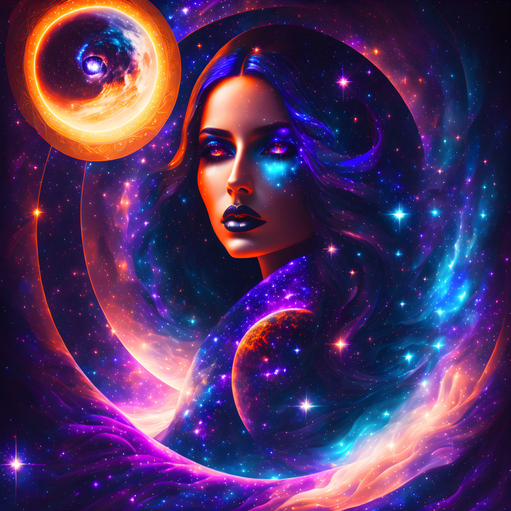 Surreal portrait of a woman blending into cosmic background