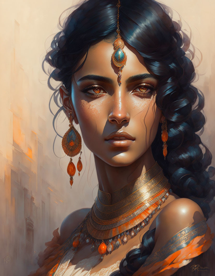 Intricate golden jewelry on woman in digital painting