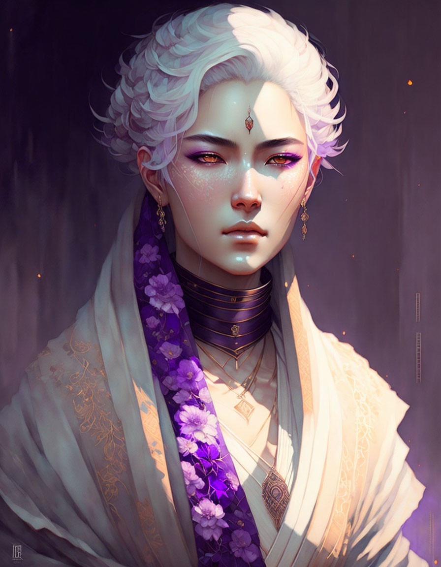 Portrait of a person with white hair, purple eyes, forehead jewel, white & gold attire, purple