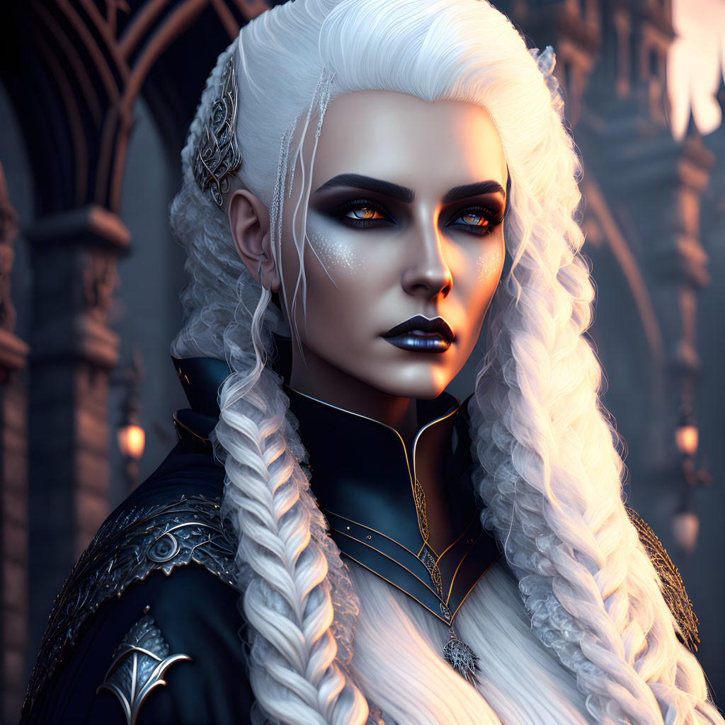 Fantasy character with pale skin and white braided hair in gothic setting