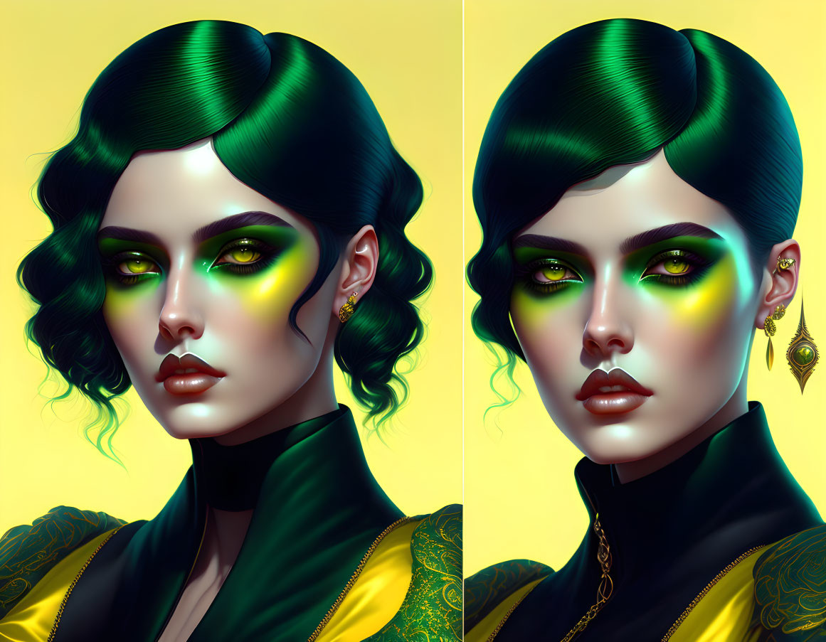 Vibrant digital portrait of a woman with green glossy hair and striking makeup