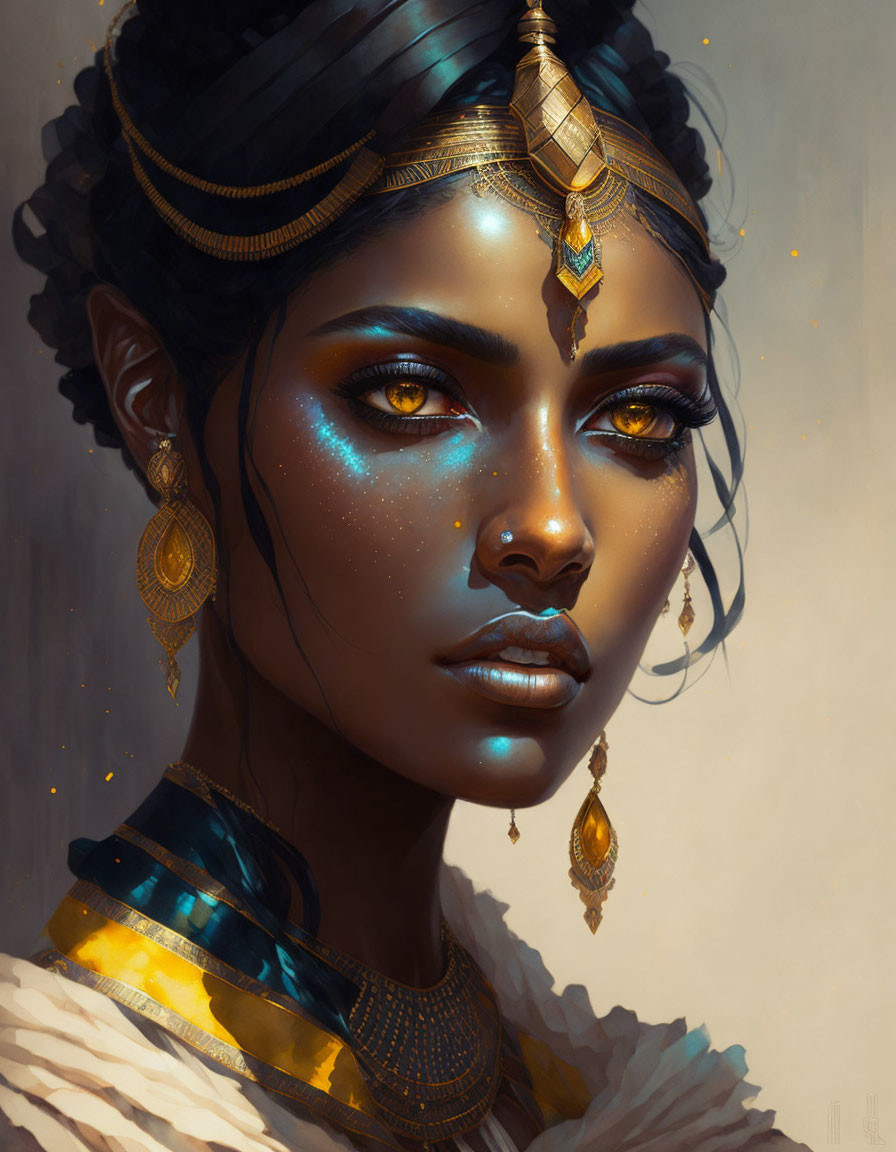 Illustration of Woman with Golden Eyes and Luminescent Freckles