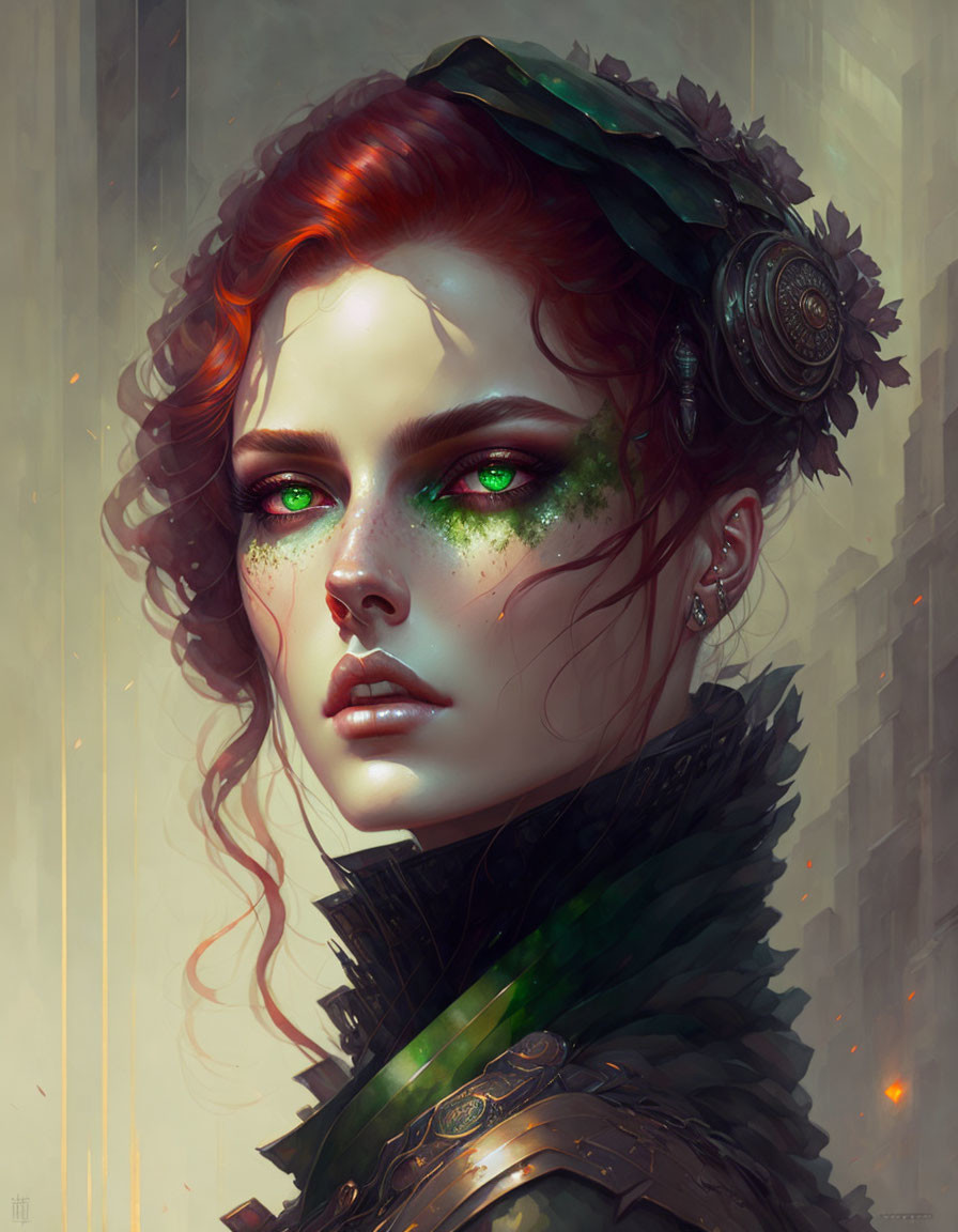 Vibrant green-eyed woman in fantasy steampunk attire