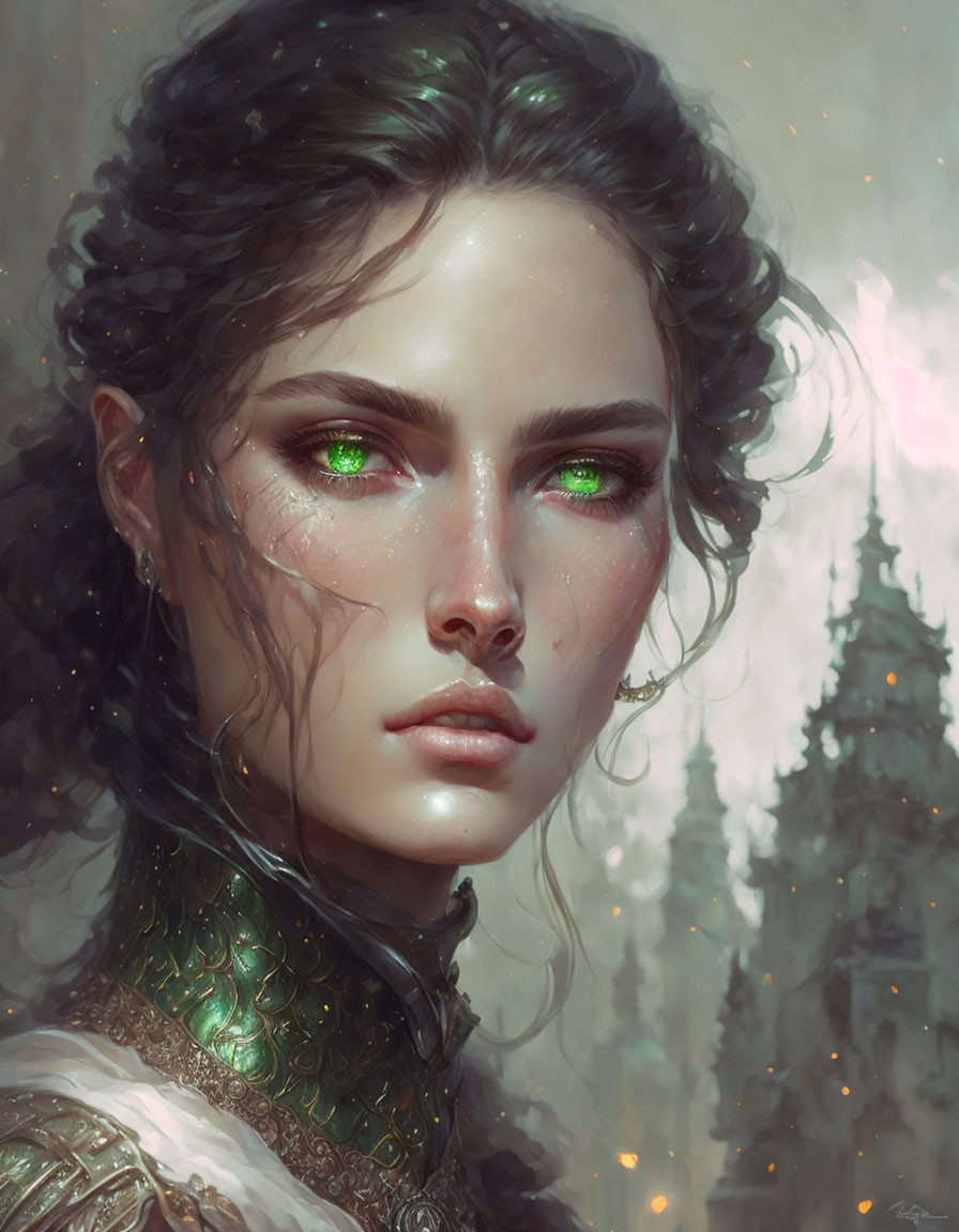 Digital portrait of a woman with green eyes, wavy hair, and ornate armor against spires