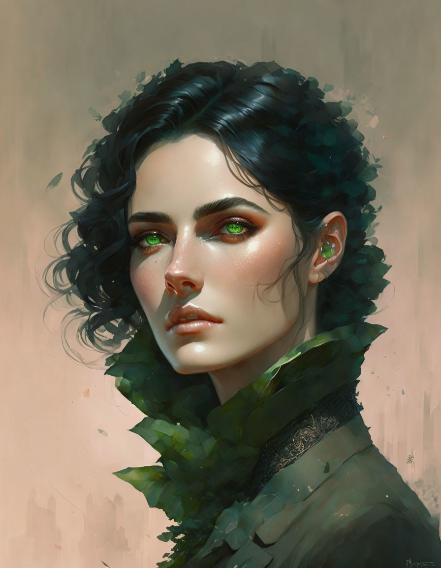 Portrait of a woman with emerald green eyes and leafy green accents