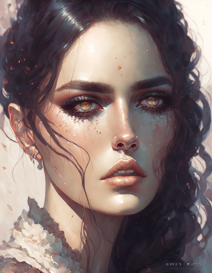 Digital portrait of woman with intense brown eyes, freckles, and floral details