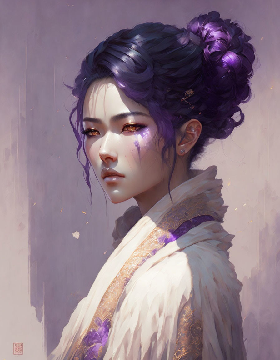 Digital painting of woman with intricate purple hair and traditional attire, accented with gold and violet makeup