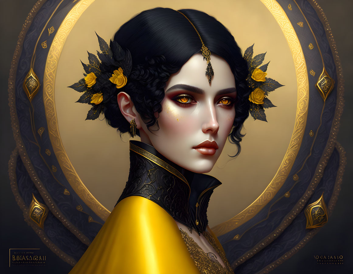 Portrait of woman with golden eyes, black hair, adorned with yellow flowers and jewelry, in golden garment