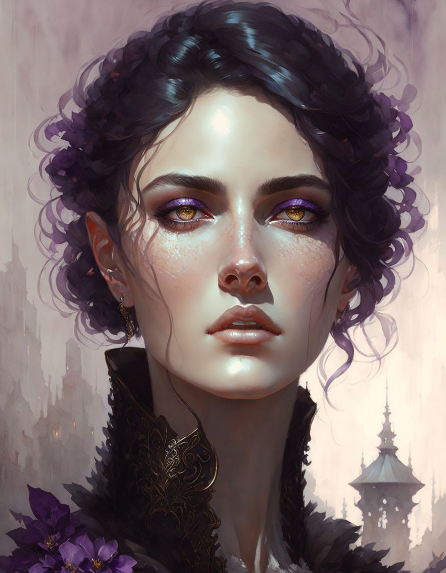 Digital painting: Person with purple eyes, curly dark hair, flowers, ornate black clothing, soft