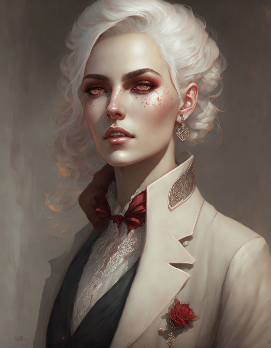 Portrait of person with white curly hair, freckles, piercing eyes, lace collar, red bow