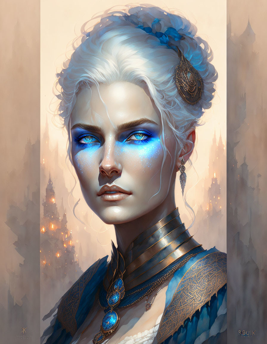 Illustrated portrait of woman with blue eyes, white hair, fantasy makeup, jewelry, and castle backdrop