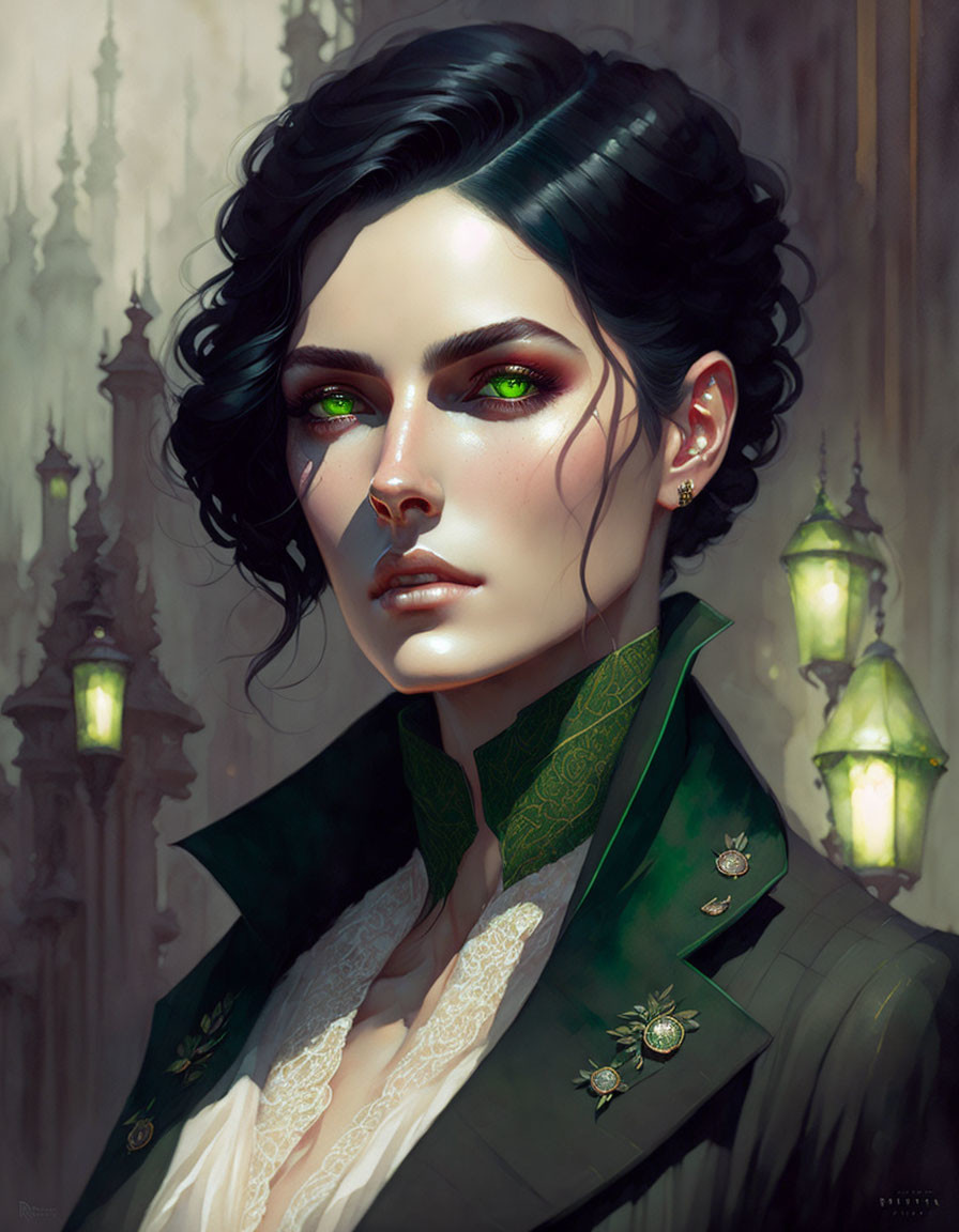 Digital portrait of woman with green eyes and dark hair in elegant green coat with golden brooches,