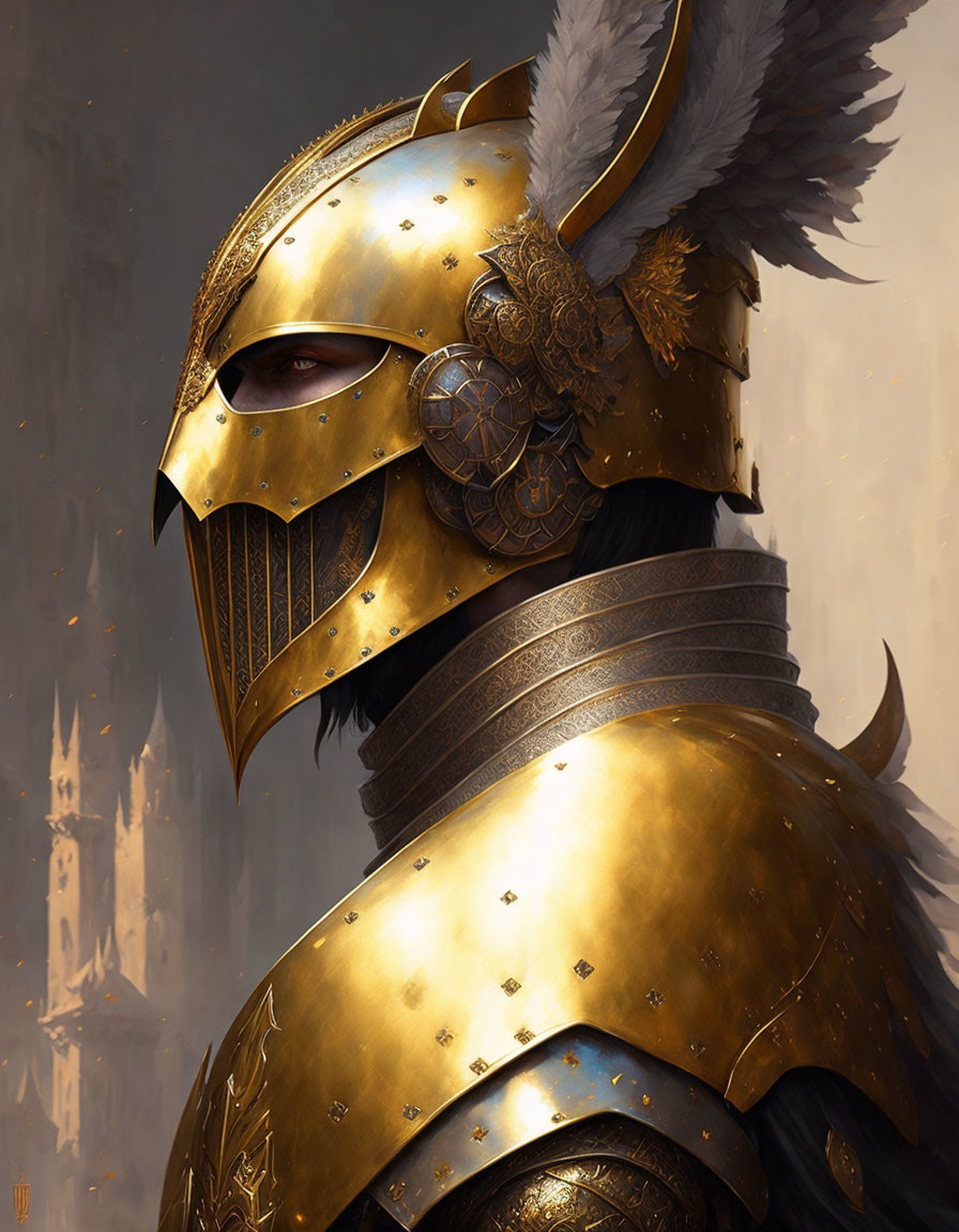 Knight in golden armor with winged helmet in front of castle.