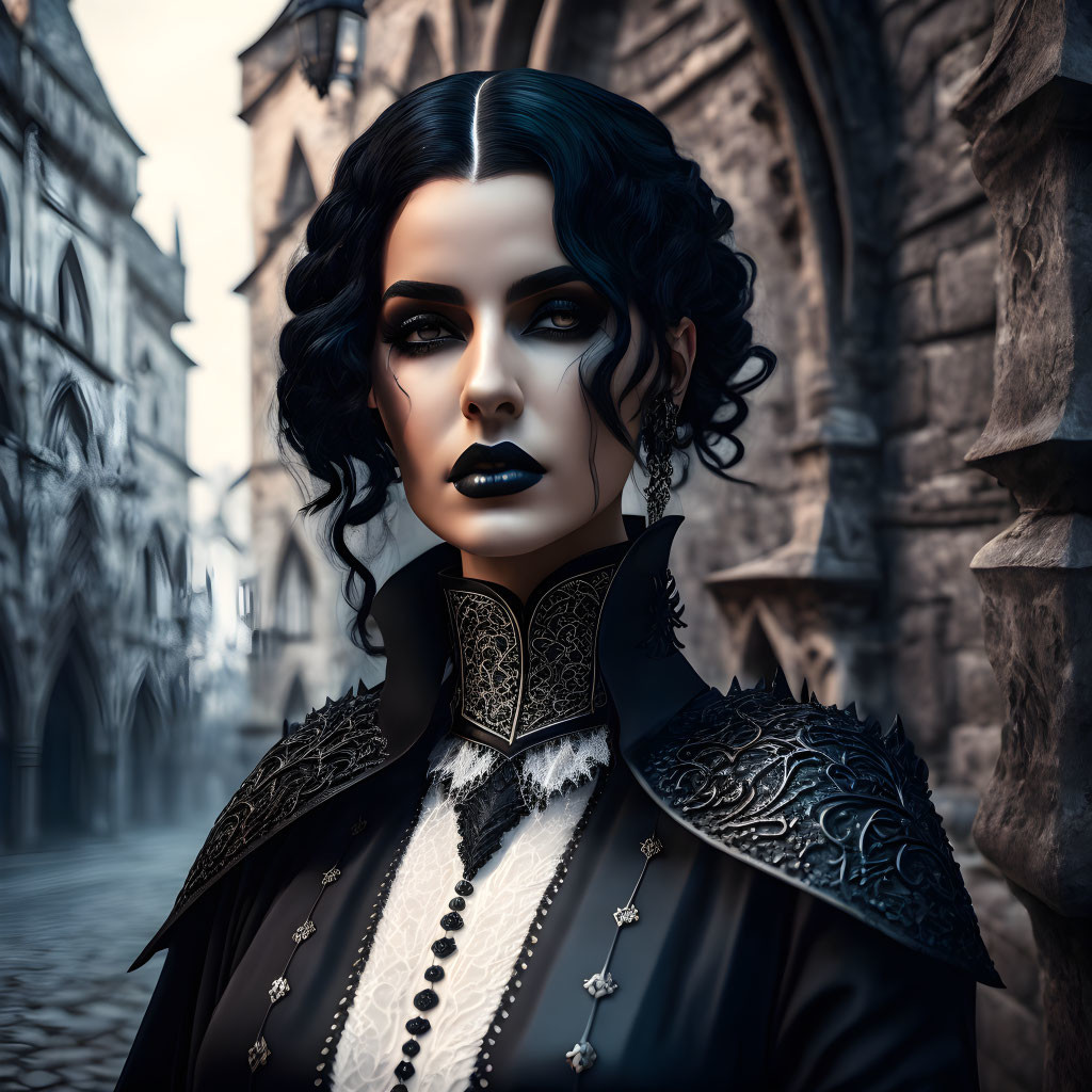 Gothic Attire Woman in Dramatic Makeup on Cobblestone Street