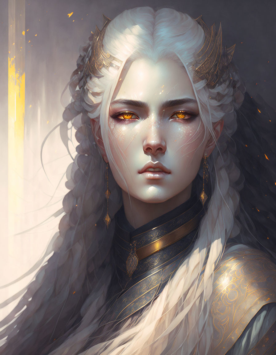 Fantasy character with white hair, golden eyes, and elven ears in ornate attire