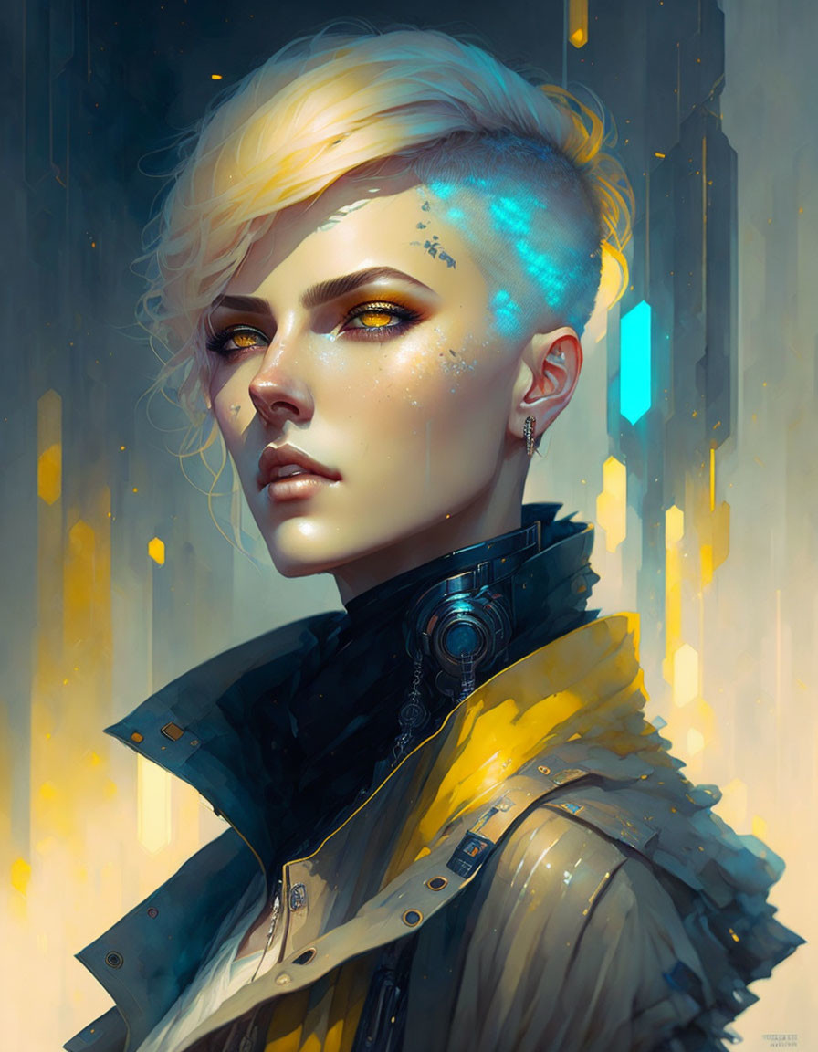 Blond-haired person with yellow eyes in futuristic attire