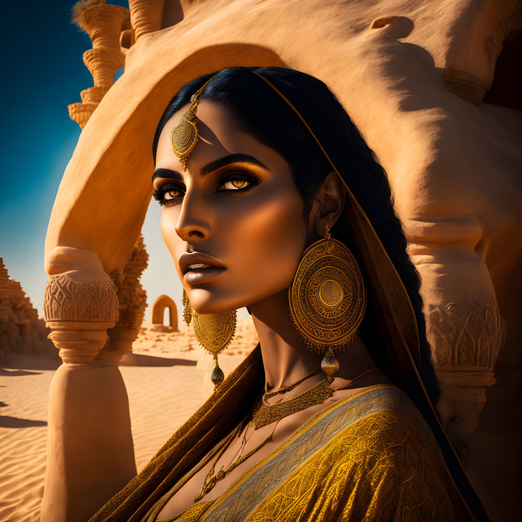 Detailed digital portrait of woman with golden jewelry against sandstone architecture