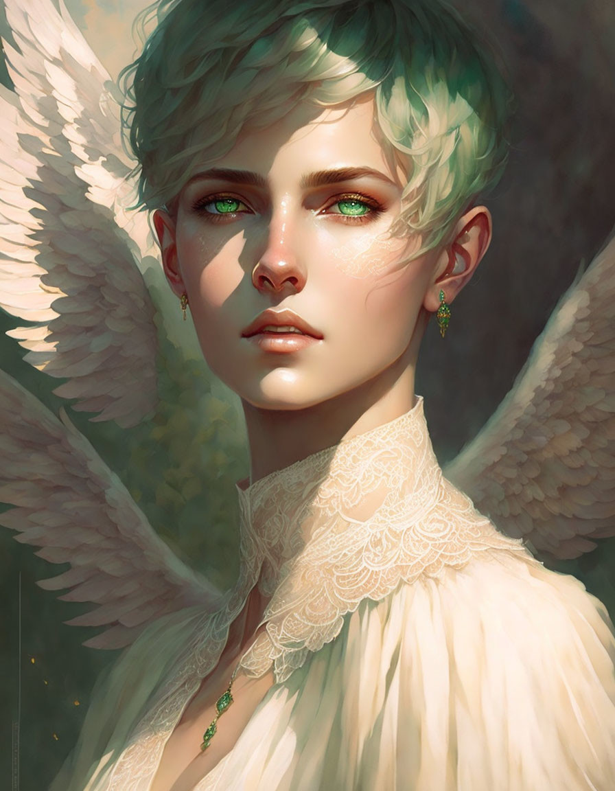 Illustration of person with short curly hair, green eyes, angel wings, lace collar, and gem