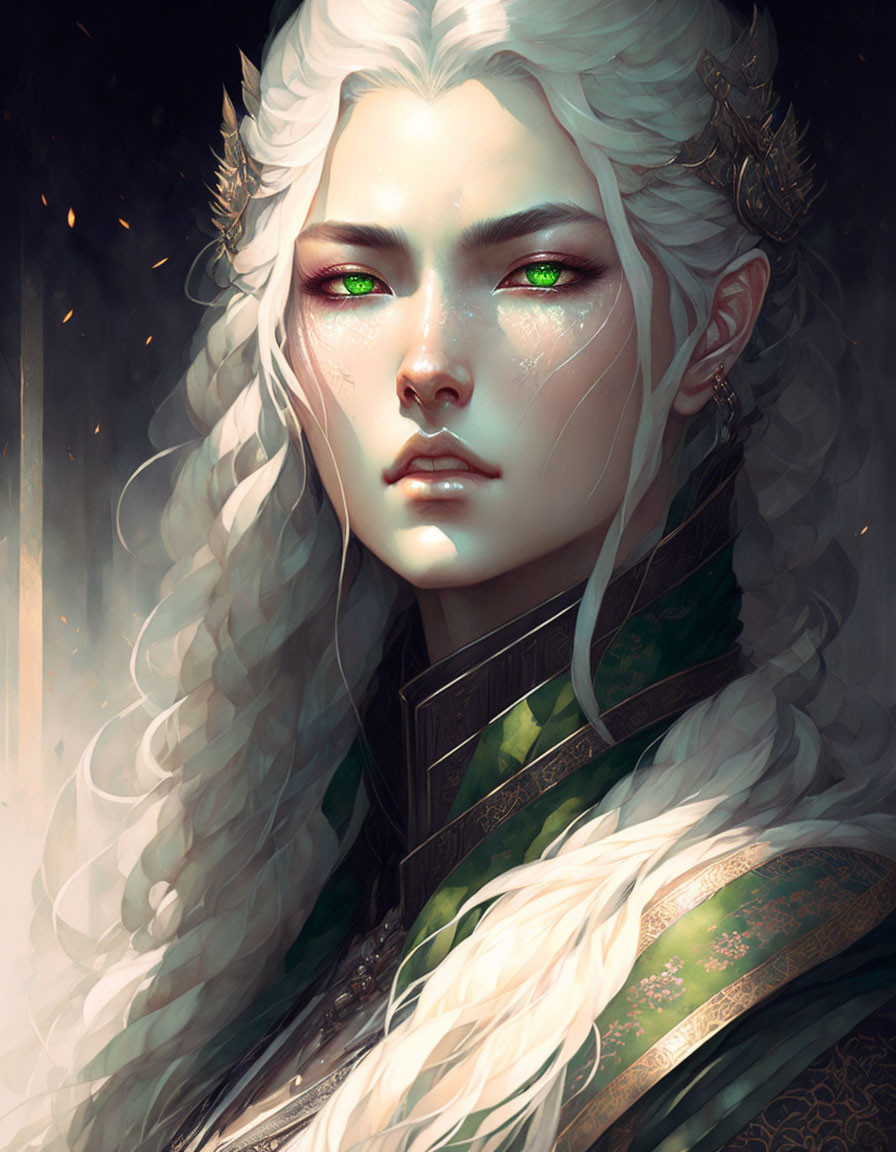 Fantasy character illustration: white hair, green eyes, ornate clothing, dark background with glowing em