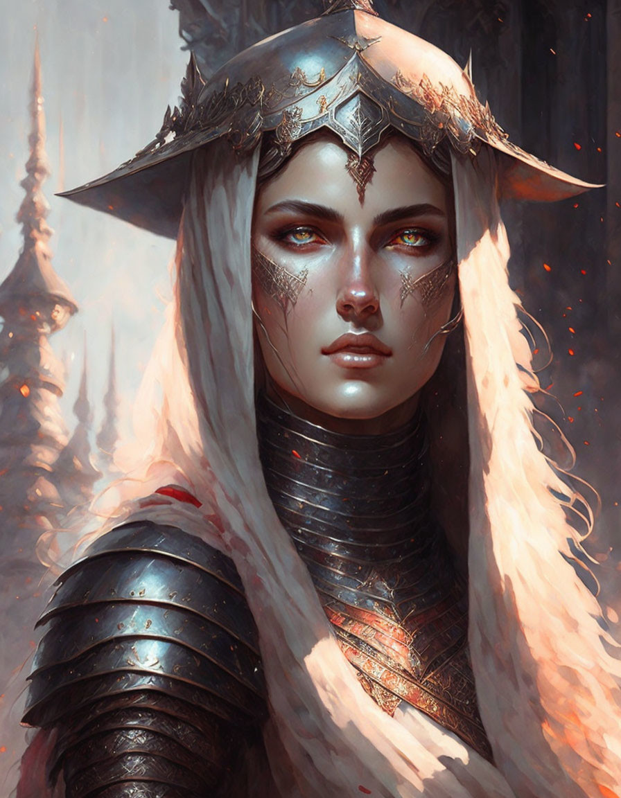 Fantasy female warrior portrait with white hair and glowing embers